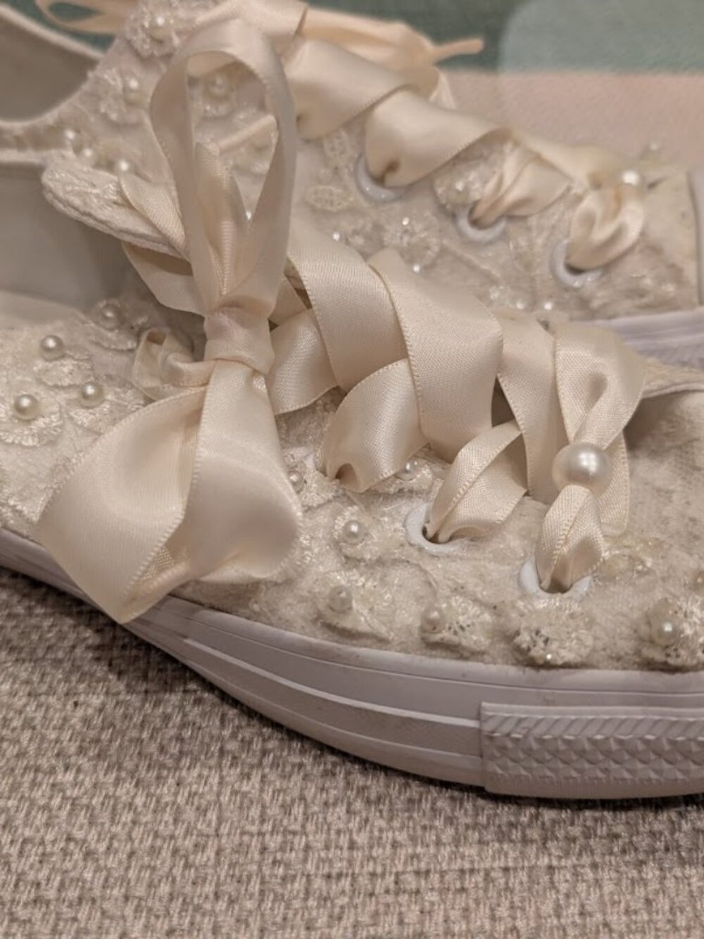 Luxury Ivory Wedding Converse For Bride With Beads & Ribbon Laces